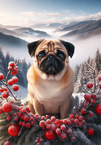 Pug Fawn - Best of Breed DCR Winter Berries Outdoor House and Garden Flag