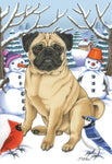 Pug  Fawn- Best of Breed Tomoyo Pitcher Winter Snowman Garden Flag 12" x 17"