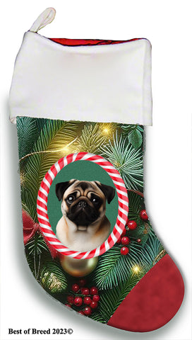 Pug  Fawn - Best of Breed  Christmas Stocking 13.5"  Red Gaming Cloth with Red Lining ,Plush White Cuff