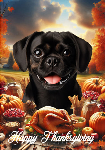 Puggle Black - Best of Breed  Thanksgiving Outdoor House and Garden Flag