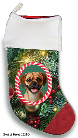Puggle Fawn - Best of Breed  Christmas Stocking 13.5"  Red Gaming Cloth with Red Lining ,Plush White Cuff