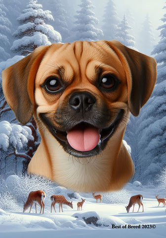 Puggle Fawn - Best of Breed  Winter Wonderland Outdoor House and Garden Flag