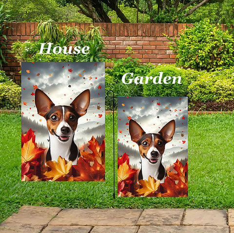 Rat Terrier Brown/White - Best of Breed  Fall Leaves Outdoor House and Garden Flag