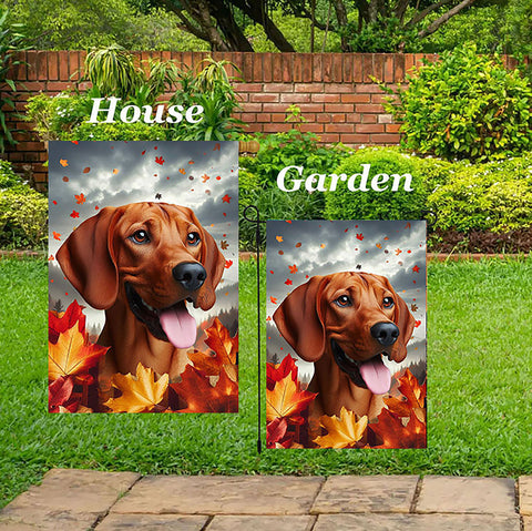 Red Bone Coonhound -  Best of Breed  Fall Leaves Outdoor House and Garden Flag