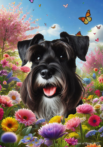 Schnauzer Black Uncropped - Best of Breed  Spring Butterflies Outdoor House and Garden Flag