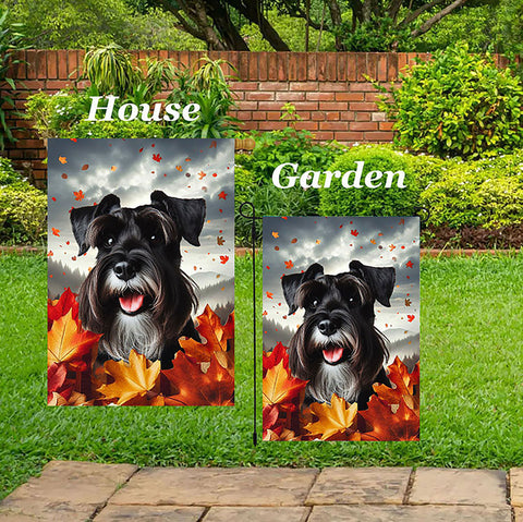 Schnauzer Black Uncropped - Best of Breed  Fall Leaves Outdoor House and Garden Flag