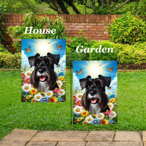 Schnauzer Black Uncropped - Best of Breed  Summer Butterflies Outdoor House and Garden Flag