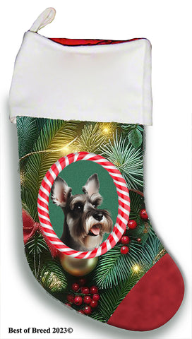 Schnauzer Grey Cropped - Best of Breed  Christmas Stocking 13.5"  Red Gaming Cloth with Red Lining ,Plush White Cuff