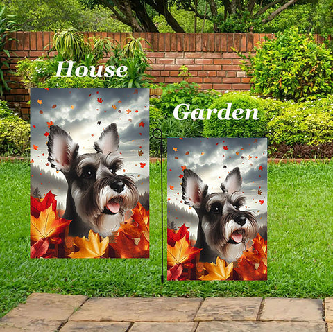 Schnauzer Grey Cropped - Best of Breed  Fall Leaves Outdoor House and Garden Flag