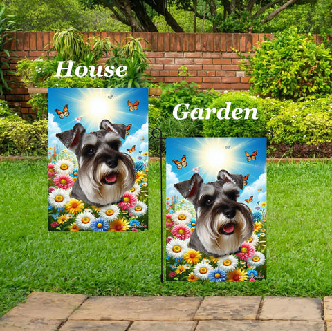 Schnauzer Grey Uncropped - Best of Breed  Summer Butterflies Outdoor House and Garden Flag