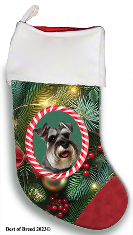 Schnauzer Grey Uncropped - Best of Breed  Christmas Stocking 13.5"  Red Gaming Cloth with Red Lining ,Plush White Cuff