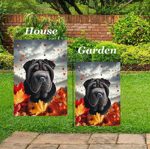 Shar Pei Black -  Best of Breed  Fall Leaves Outdoor House and Garden Flag