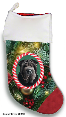 Shar Pei Black -  Best of Breed  Christmas Stocking 13.5"  Red Gaming Cloth with Red Lining ,Plush White Cuff