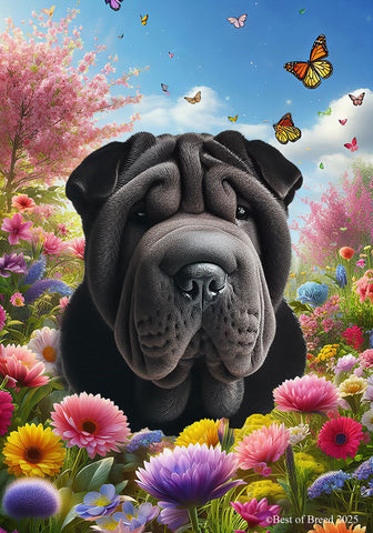 Shar Pei Black -  Best of Breed  Spring Butterflies Outdoor House and Garden Flag