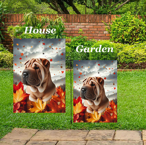 Shar Pei Fawn - Best of Breed  Fall Leaves Outdoor House and Garden Flag