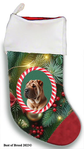 Shar Pei Fawn - Best of Breed  Christmas Stocking 13.5"  Red Gaming Cloth with Red Lining ,Plush White Cuff
