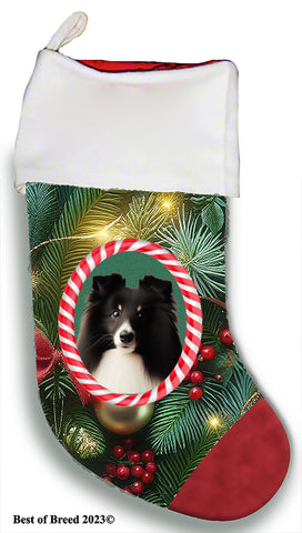 Sheltie Bi Black - Best of Breed  Christmas Stocking 13.5"  Red Gaming Cloth with Red Lining ,Plush White Cuff