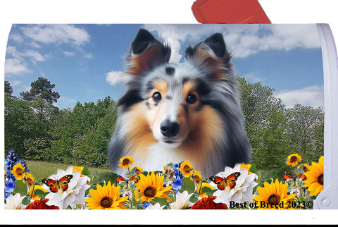 Sheltie Blue Merle - Best of Breed Summer Flowers Mailbox Cover Hi-Grade Vinyl 6" x 19"