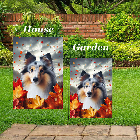 Sheltie Blue Merle - Best of Breed  Fall Leaves Outdoor House and Garden Flag
