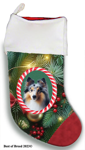 Sheltie Blue Merle - Best of Breed  Christmas Stocking 13.5"  Red Gaming Cloth with Red Lining ,Plush White Cuff