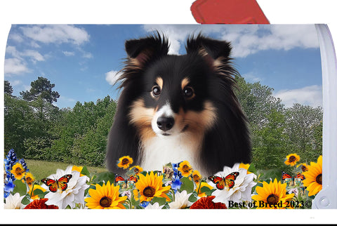 Sheltie Tri - Best of Breed Summer Flowers Mailbox Cover Hi-Grade Vinyl 6" x 19"