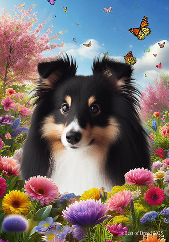 Sheltie Tri - Best of Breed  Spring Butterflies Outdoor House and Garden Flag