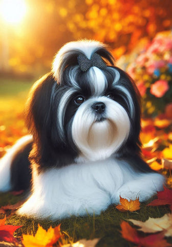 Shih Tzu Black and White - Best of Breed DCR Falling Leaves Outdoor Flag