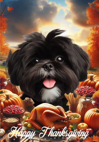 Shih Tzu Black/White - Best of Breed  Thanksgiving Outdoor House and Garden Flag