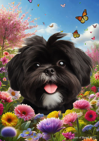 Shih Tzu Black/White - Best of Breed  Spring Butterflies Outdoor House and Garden Flag