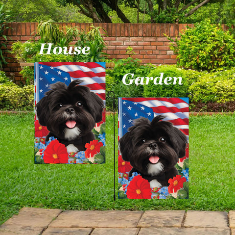 Shih Tzu Black/White - Best of Breed  Patriotic I All-American Outdoor House and Garden Flag