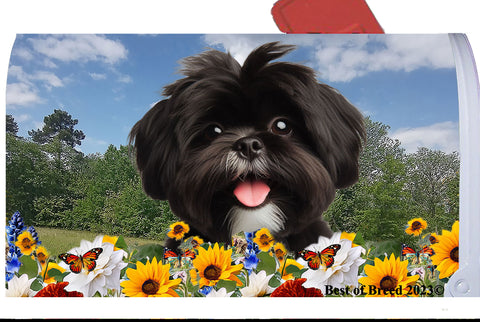 Shih Tzu Black/White - Best of Breed Summer Flowers Mailbox Cover Hi-Grade Vinyl 6" x 19"