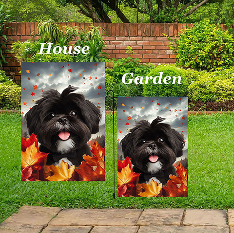 Shih Tzu Black/White - Best of Breed  Fall Leaves Outdoor House and Garden Flag