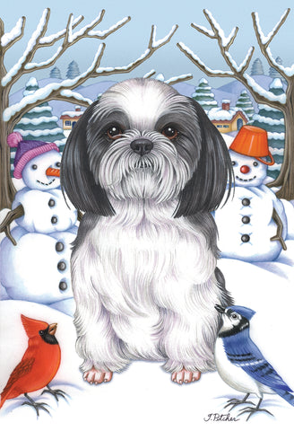 Shih Tzu Grey  - Best of Breed Tomoyo Pitcher Winter Snowman Garden Flag 12" x 17"