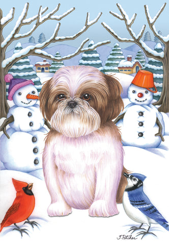 Shih Tzu Brown  - Best of Breed Tomoyo Pitcher Winter Snowman Garden Flag 12" x 17"