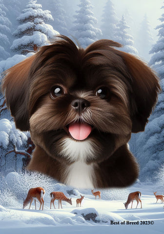 Shih Tzu Chocolate - Best of Breed  Winter Wonderland Outdoor House and Garden Flag