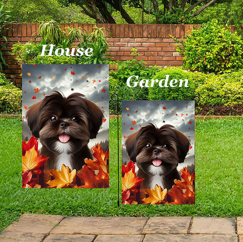 Shih Tzu Chocolate - Best of Breed  Fall Leaves Outdoor House and Garden Flag