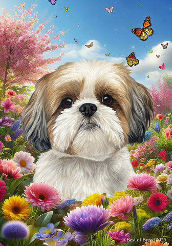 Shih Tzu Gold/White - Best of Breed  Spring Butterflies Outdoor House and Garden Flag