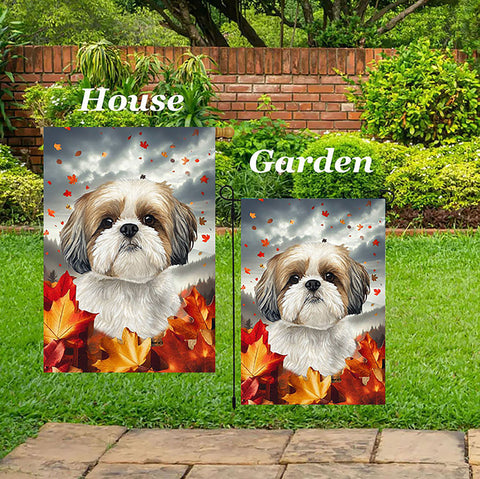 Shih Tzu Gold/White - Best of Breed  Fall Leaves Outdoor House and Garden Flag
