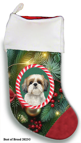 Shih Tzu Gold/White - Best of Breed  Christmas Stocking 13.5"  Red Gaming Cloth with Red Lining ,Plush White Cuff