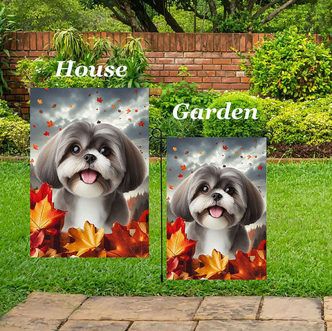 Shih Tzu Silver - Best of Breed  Fall Leaves Outdoor House and Garden Flag