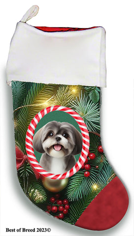 Shih Tzu Silver - Best of Breed  Christmas Stocking 13.5"  Red Gaming Cloth with Red Lining ,Plush White Cuff