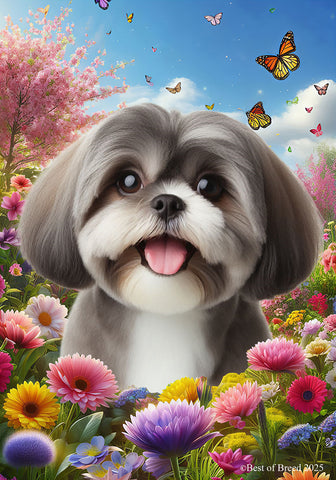 Shih Tzu Silver - Best of Breed  Spring Butterflies Outdoor House and Garden Flag