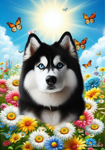 Siberian Husky Black/White Blue Eyes -  Best of Breed  Summer Butterflies Outdoor House and Garden Flag