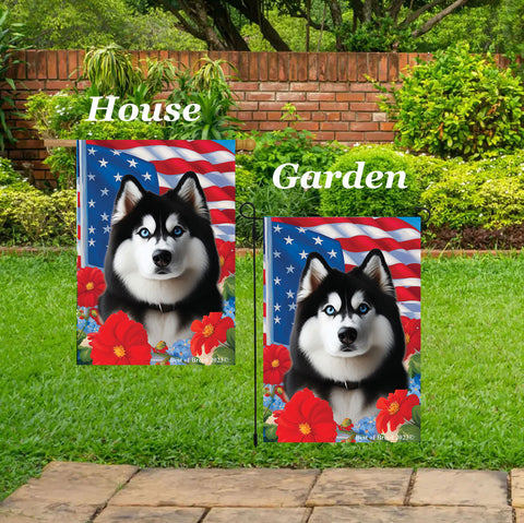 Siberian Husky Black/White Blue Eyes -  Best of Breed  Patriotic I All-American Outdoor House and Garden Flag