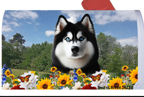 Siberian Husky Black/White Blue Eyes -  Best of Breed Summer Flowers Mailbox Cover Hi-Grade Vinyl 6" x 19"