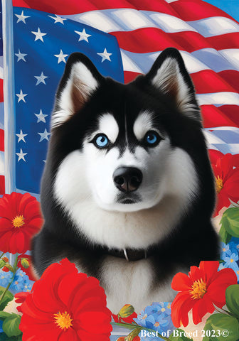 Siberian Husky Black/White Blue Eyes -  Best of Breed  Patriotic I All-American Outdoor House and Garden Flag