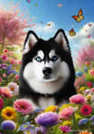 Siberian Husky Black/White Blue Eyes -  Best of Breed  Spring Butterflies Outdoor House and Garden Flag