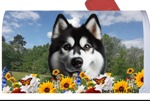 Siberian Husky Black/White - Best of Breed Summer Flowers Mailbox Cover Hi-Grade Vinyl 6" x 19"