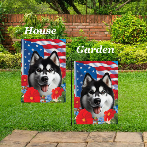 Siberian Husky Black/White - Best of Breed  Patriotic I All-American Outdoor House and Garden Flag