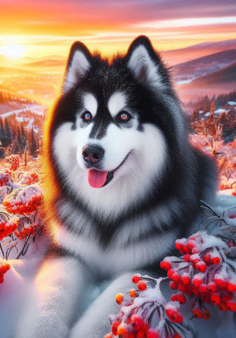 Siberian Husky Black/White - Best of Breed DCR Winter Berries Outdoor House and Garden Flag